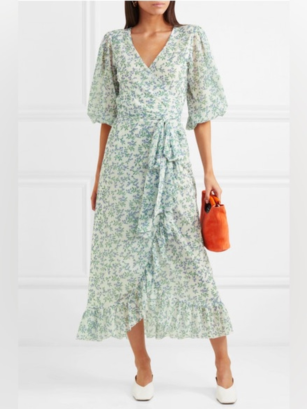 Ganni | Tilden Floral-Print Mesh Wrap Dress w/ Ruffle Detail Blue & Green Size M